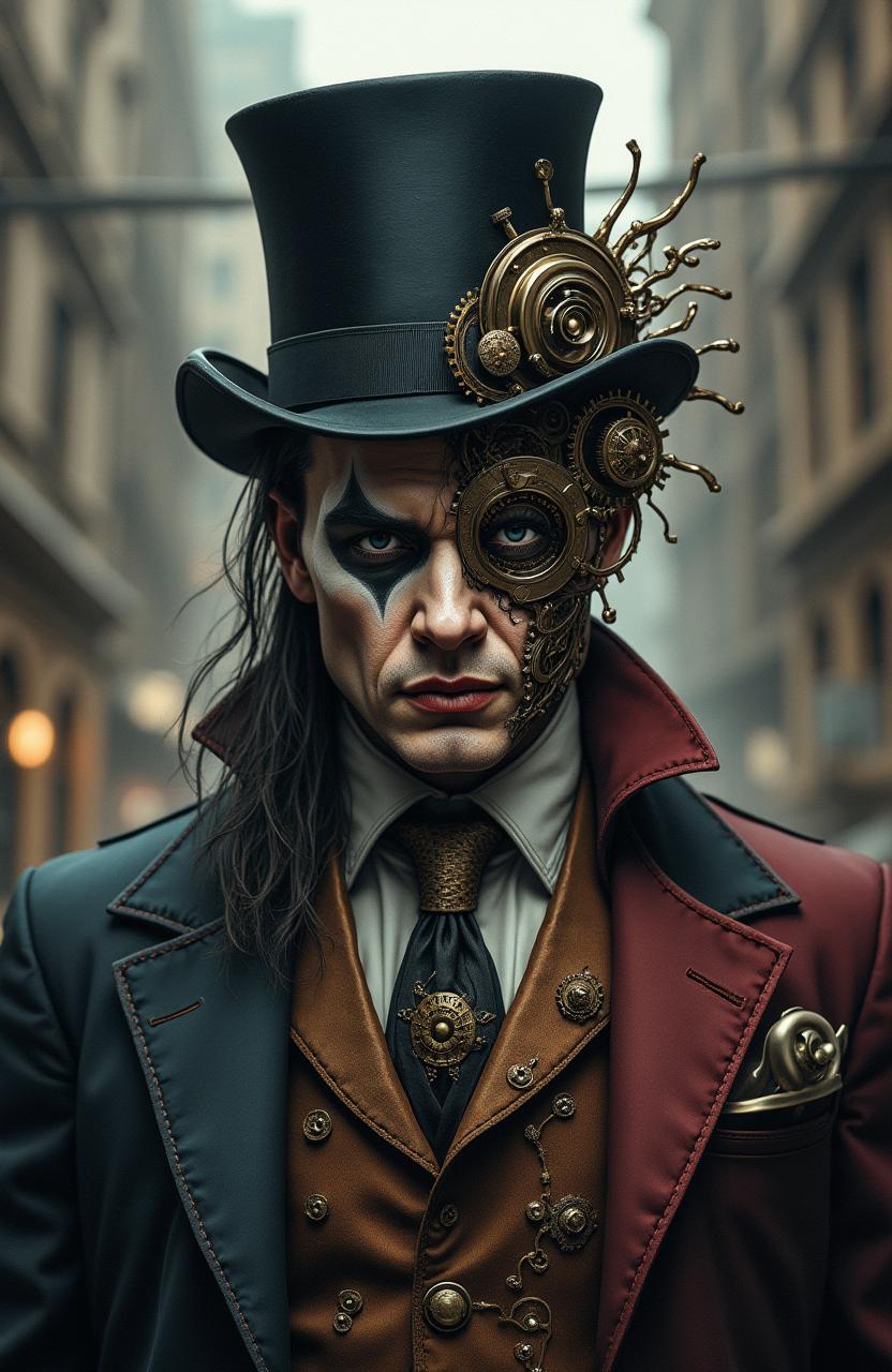 A steampunk interpretation of Two-Face, with a sharply divided appearance that reflects his dual nature