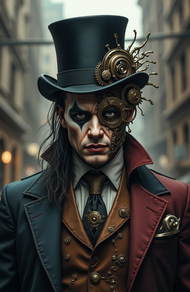 A steampunk interpretation of Two-Face, with a sharply divided appearance that reflects his dual nature