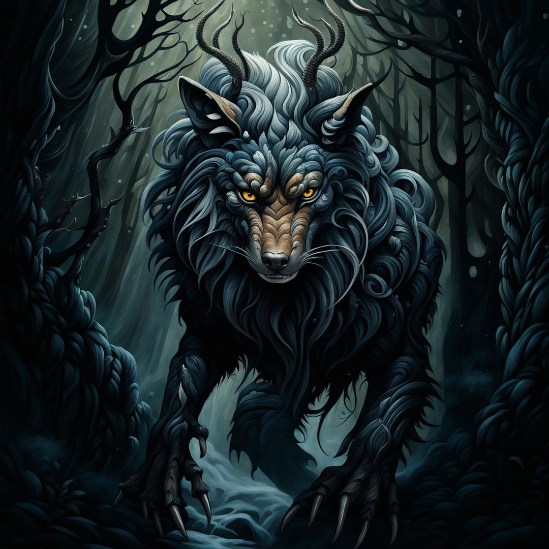 This digital art image features a mythical creature with the body of a wolf and the antlers of a stag