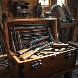 A detailed toolbox displayed in a workshop setting, filled with various firearms such as rifles, handguns, and shotguns in an organized manner
