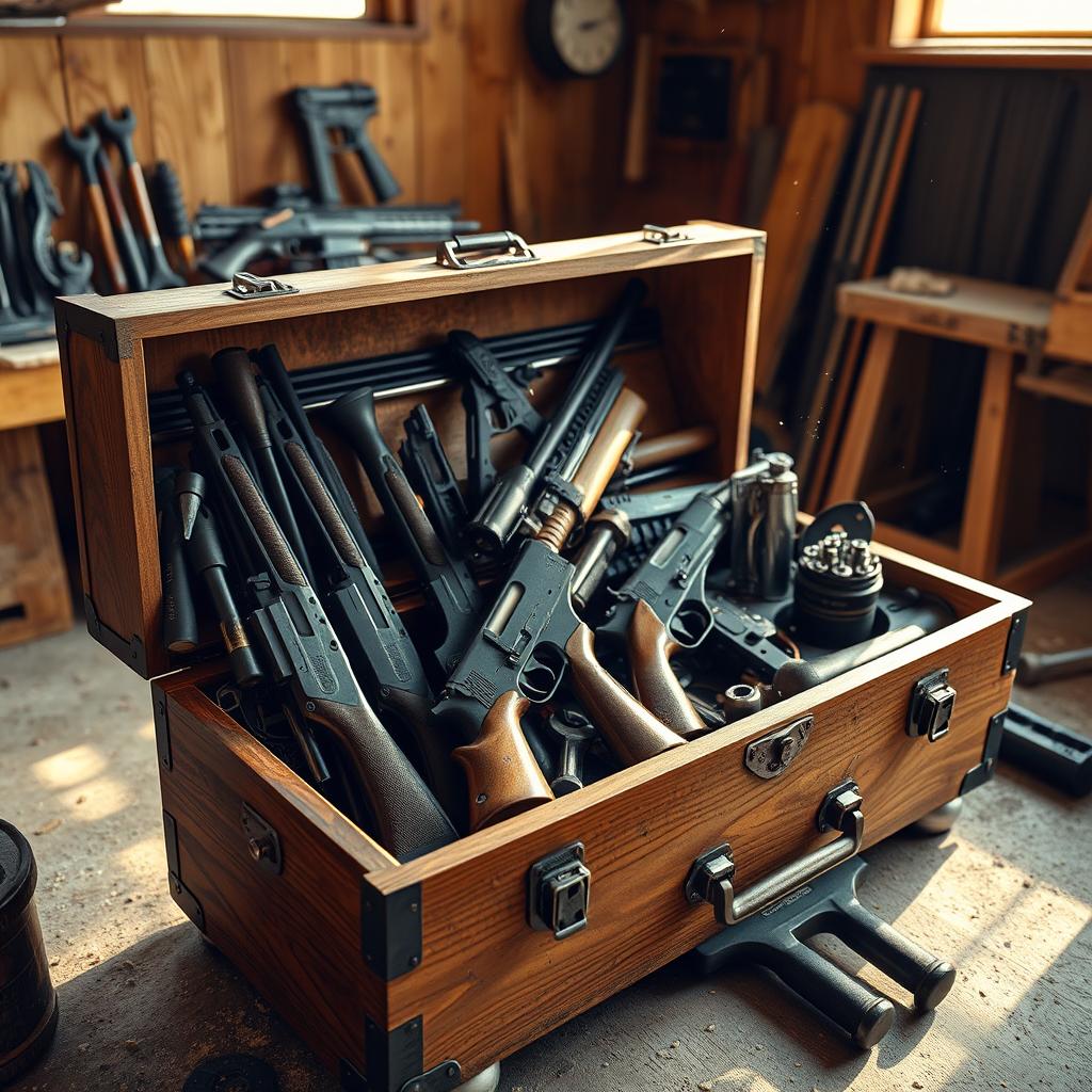 A detailed toolbox displayed in a workshop setting, filled with various firearms such as rifles, handguns, and shotguns in an organized manner