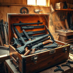 A detailed toolbox displayed in a workshop setting, filled with various firearms such as rifles, handguns, and shotguns in an organized manner