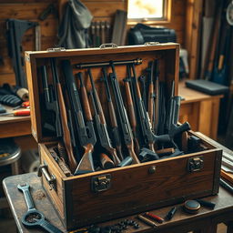 A detailed toolbox displayed in a workshop setting, filled with various firearms such as rifles, handguns, and shotguns in an organized manner