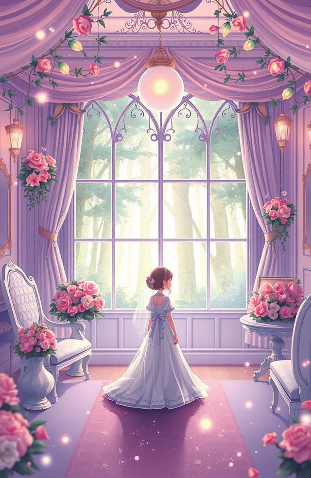 A whimsical and colorful illustration depicting a forced marriage setting with a soft, fantasy atmosphere