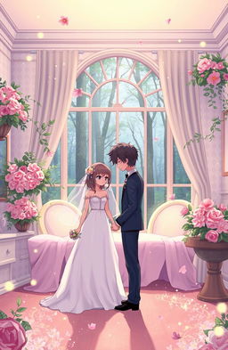 A whimsical and colorful illustration depicting a forced marriage setting with a soft, fantasy atmosphere