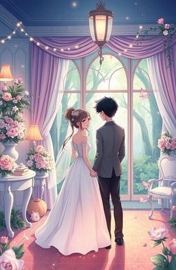 A whimsical and colorful illustration depicting a forced marriage setting with a soft, fantasy atmosphere