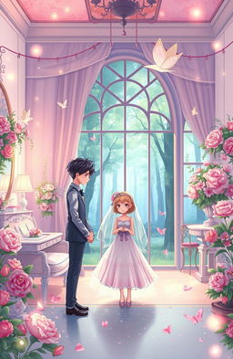 A whimsical and colorful illustration depicting a forced marriage setting with a soft, fantasy atmosphere