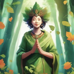 A vibrant, high-quality illustration depicting a human forest guardian