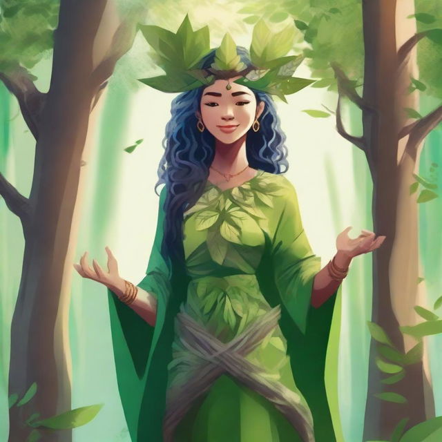 A vibrant, high-quality illustration depicting a human forest guardian