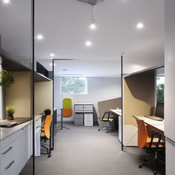 A compact, well-organized office interior with modern furniture, natural lighting, and minimalistic decor.