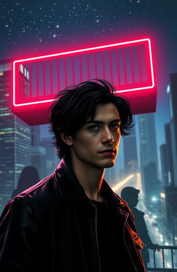 A modern reinterpretation of Romeo and Juliet titled 'Dark Romeo' featuring a brooding young man with dark hair and soulful eyes, standing beneath a neon-lit balcony at night