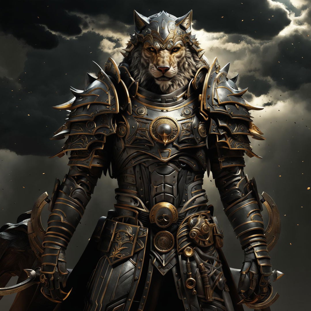 A high-quality digital art of a mystical warrior with a wolf's head