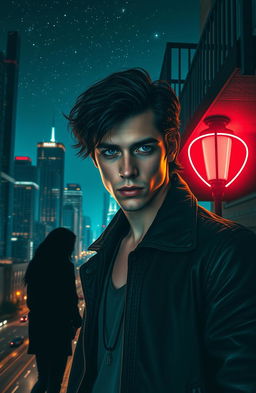 A modern reinterpretation of Romeo and Juliet titled 'Dark Romeo' featuring a brooding young man with dark hair and soulful eyes, standing beneath a neon-lit balcony at night