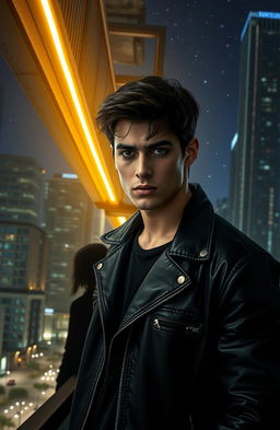 A modern reinterpretation of Romeo and Juliet titled 'Dark Romeo' featuring a brooding young man with dark hair and soulful eyes, standing beneath a neon-lit balcony at night