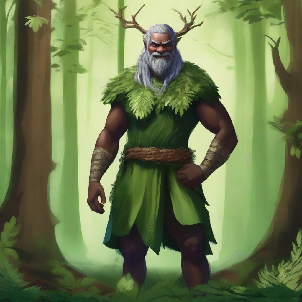 An enchanting, high-resolution illustration that depicts a man as a forest guardian