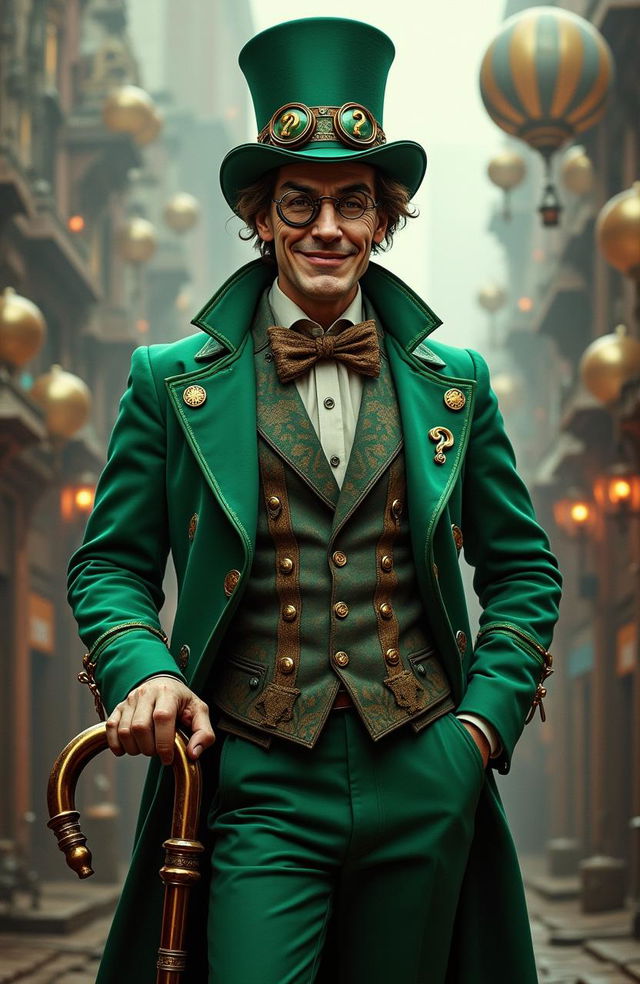 A steampunk version of the Riddler, characterized by a flamboyant and eccentric outfit combining Victorian elegance with whimsical touches