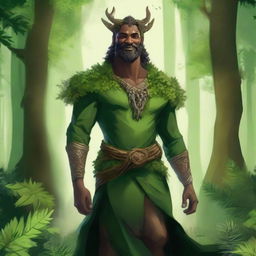 An enchanting, high-resolution illustration that depicts a man as a forest guardian