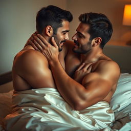 A sensual and intimate scene depicting two adult men in a passionate embrace, showcasing the connection and affection between them