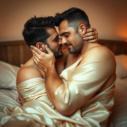 A sensual and intimate scene depicting two adult men in a passionate embrace, showcasing the connection and affection between them