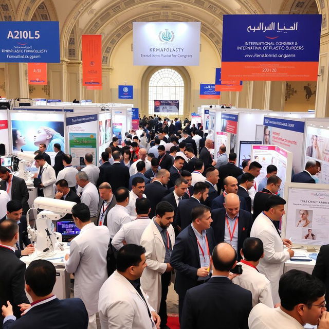 A bustling international congress scene focused on rhinoplasty and plastic surgery in Kermanshah, showcasing various professionals engaged in discussions, lectures, and demonstrations