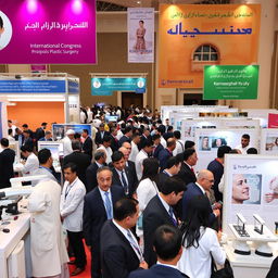 A bustling international congress scene focused on rhinoplasty and plastic surgery in Kermanshah, showcasing various professionals engaged in discussions, lectures, and demonstrations