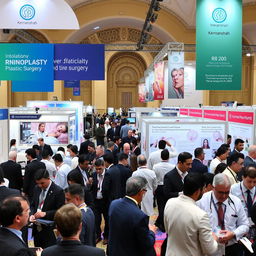 A bustling international congress scene focused on rhinoplasty and plastic surgery in Kermanshah, showcasing various professionals engaged in discussions, lectures, and demonstrations