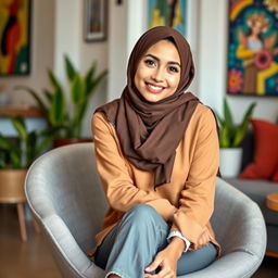 A young woman wearing a stylish hijab, sitting gracefully on a modern chair in a cozy indoor environment