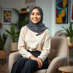 A young woman wearing a stylish hijab, sitting gracefully on a modern chair in a cozy indoor environment