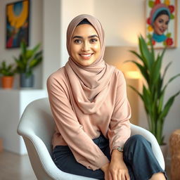 A young woman wearing a stylish hijab, sitting gracefully on a modern chair in a cozy indoor environment