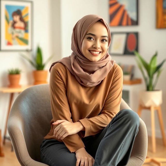 A young woman wearing a stylish hijab, sitting gracefully on a modern chair in a cozy indoor environment