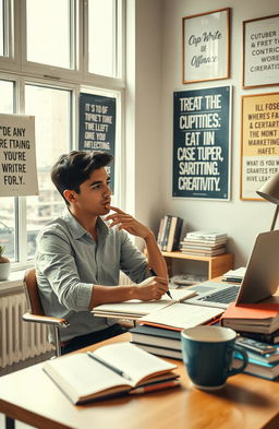 An inspirational scene of a young professional, sitting at a stylish desk cluttered with notebooks and a laptop, immersed in writing copy
