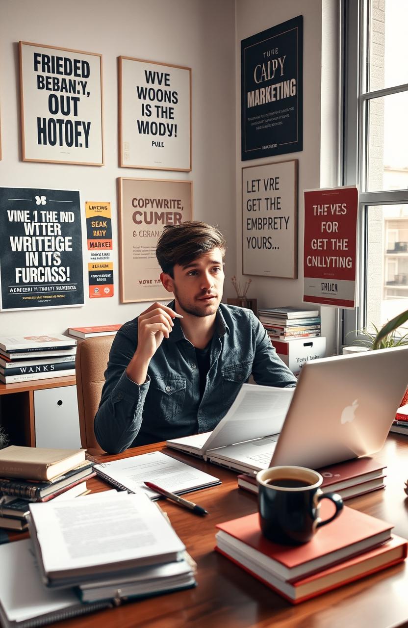 An inspirational scene of a young professional, sitting at a stylish desk cluttered with notebooks and a laptop, immersed in writing copy