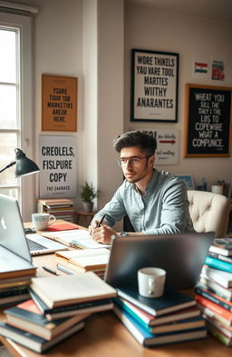 An inspirational scene of a young professional, sitting at a stylish desk cluttered with notebooks and a laptop, immersed in writing copy