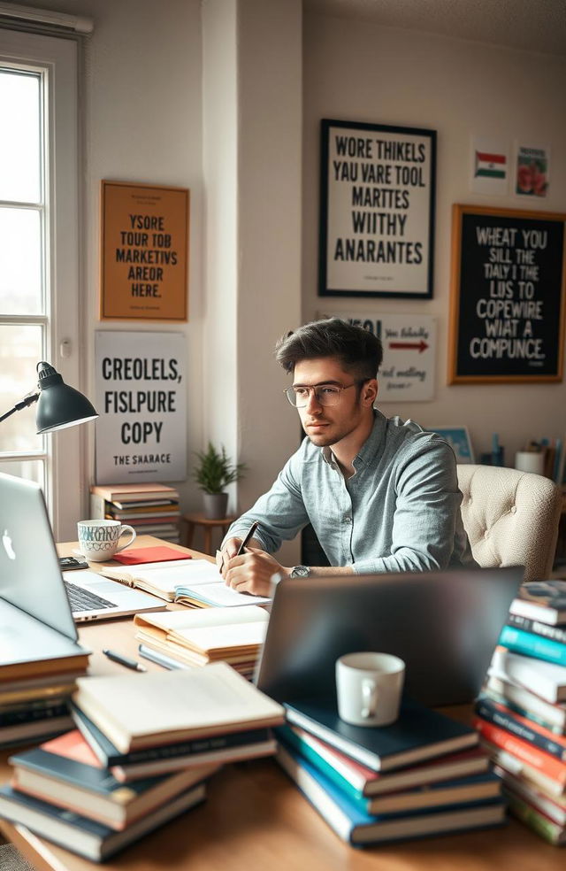 An inspirational scene of a young professional, sitting at a stylish desk cluttered with notebooks and a laptop, immersed in writing copy