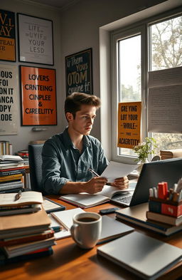 An inspirational scene of a young professional, sitting at a stylish desk cluttered with notebooks and a laptop, immersed in writing copy