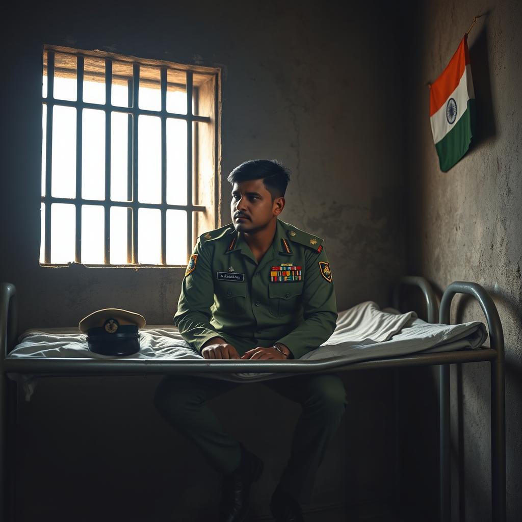 A dramatic scene depicting an Indian army soldier in a military jail, showcasing the somber atmosphere of confinement