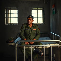 A dramatic scene depicting an Indian army soldier in a military jail, showcasing the somber atmosphere of confinement