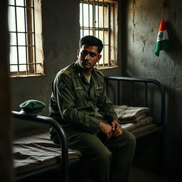 A dramatic scene depicting an Indian army soldier in a military jail, showcasing the somber atmosphere of confinement
