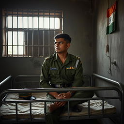 A dramatic scene depicting an Indian army soldier in a military jail, showcasing the somber atmosphere of confinement