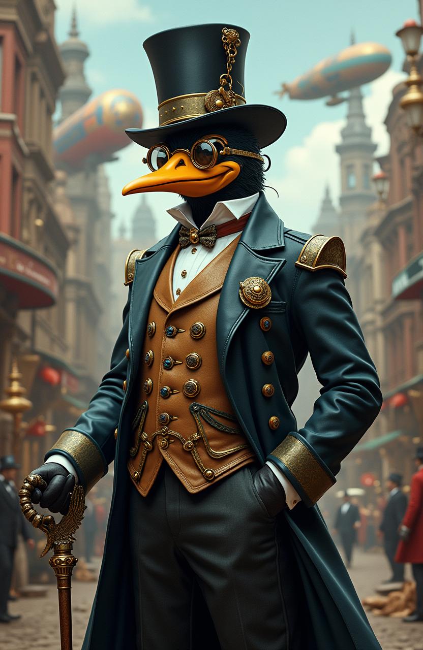 A steampunk interpretation of the Penguin, showcasing a dapper and eccentric character, dressed in a Victorian-style tuxedo adorned with brass accents