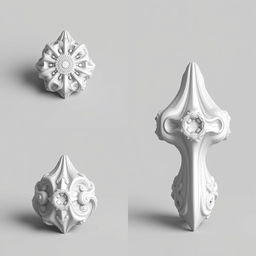 A highly detailed 3D model showcasing three views of an object: the left upper side features a top view, the left lower side displays a front view, and the right lower side shows a side view