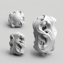 A highly detailed 3D model showcasing three views of an object: the left upper side features a top view, the left lower side displays a front view, and the right lower side shows a side view