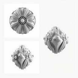 A highly detailed 3D model showcasing three views of an object: the left upper side features a top view, the left lower side displays a front view, and the right lower side shows a side view
