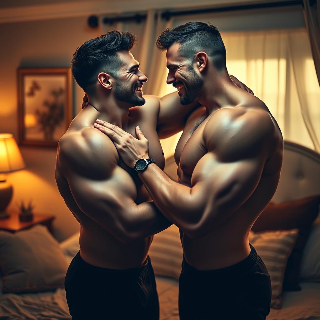 Two muscular men engaging in passionate intimacy, showcasing physical affection and closeness in a comfortably lit, tastefully decorated bedroom