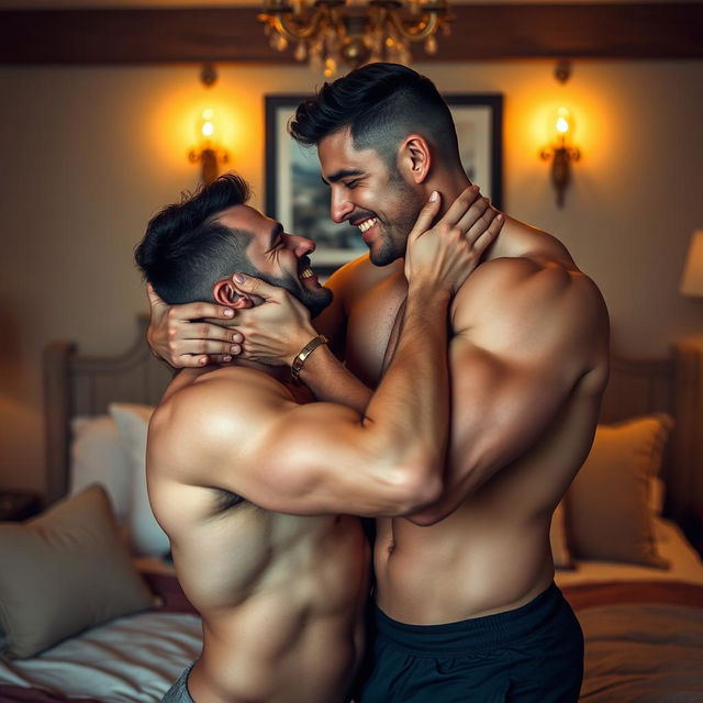 Two muscular men engaging in passionate intimacy, showcasing physical affection and closeness in a comfortably lit, tastefully decorated bedroom