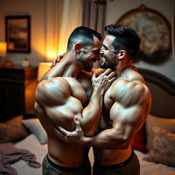 Two muscular men engaging in passionate intimacy, showcasing physical affection and closeness in a comfortably lit, tastefully decorated bedroom