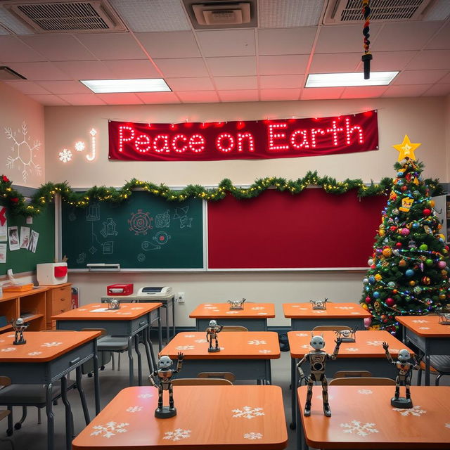 A classroom festively decorated for Christmas, with a warm and inviting atmosphere