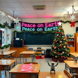A classroom festively decorated for Christmas, with a warm and inviting atmosphere