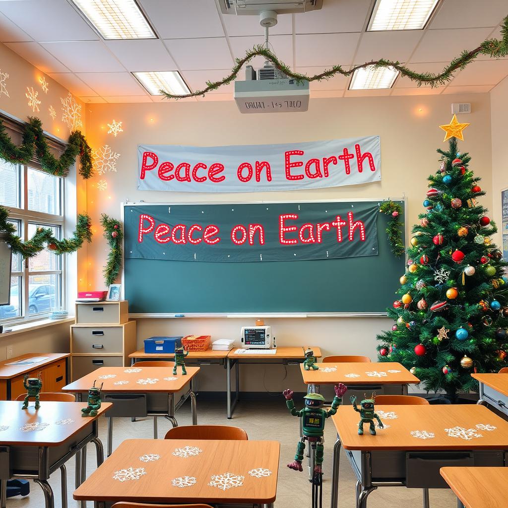 A classroom festively decorated for Christmas, with a warm and inviting atmosphere