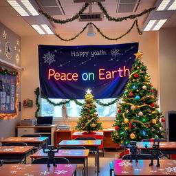 A classroom festively decorated for Christmas, with a warm and inviting atmosphere